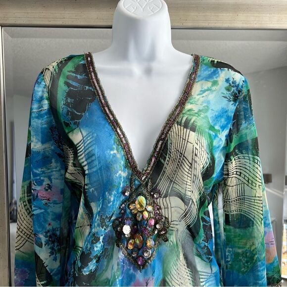 L’AF FAIRE Beautiful Indian Women's Watercolor Tunic Top V-Neck Embroidered Sz S - Picture 2 of 7